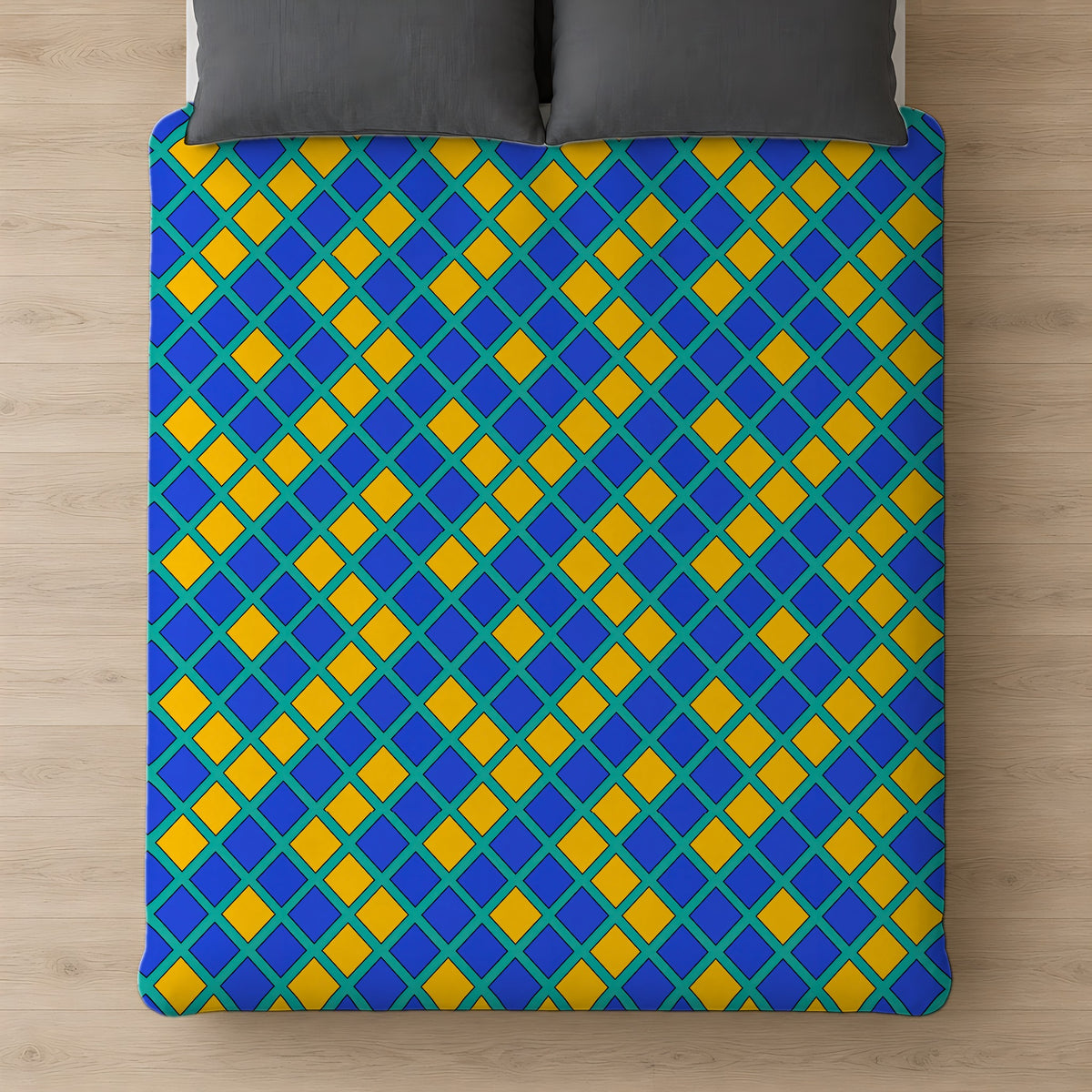 Harlequin Gold Grid Cotton Duvet Cover on a bed, seen from above