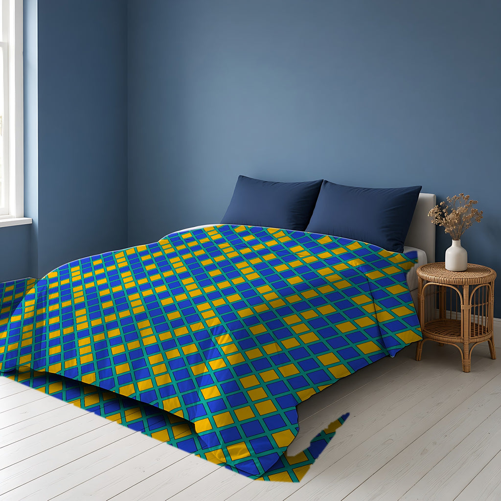 Harlequin Gold Grid Cotton Duvet Cover on a bed in a Scandinavian blue bedroom