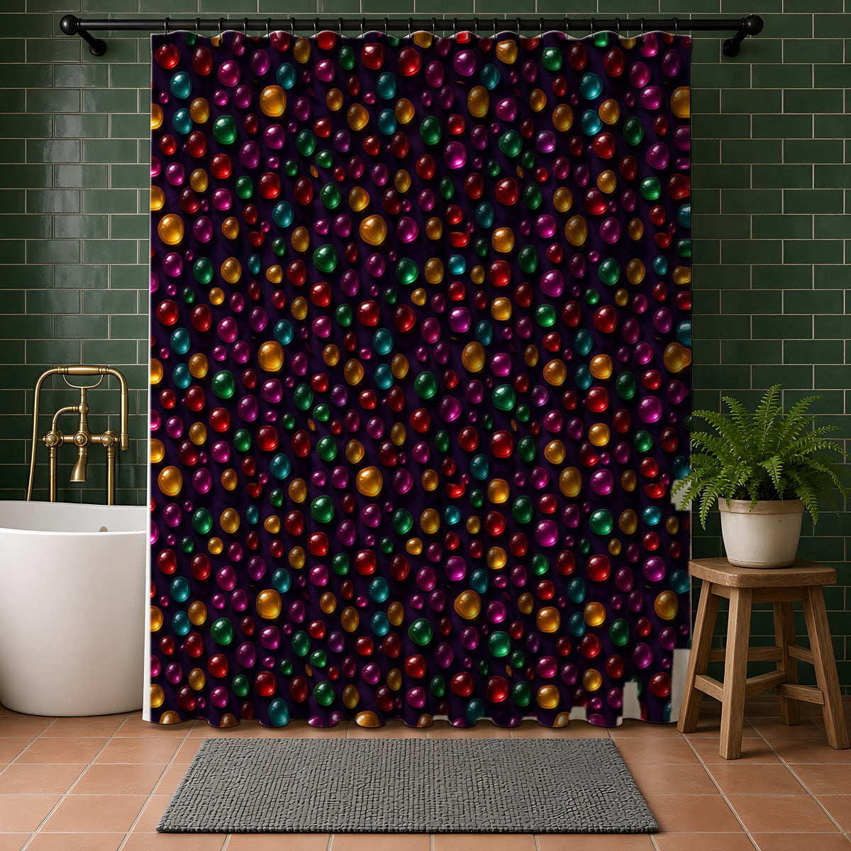 Candy Glass Orbs Shower Curtain in a bathroom with dark green tiles