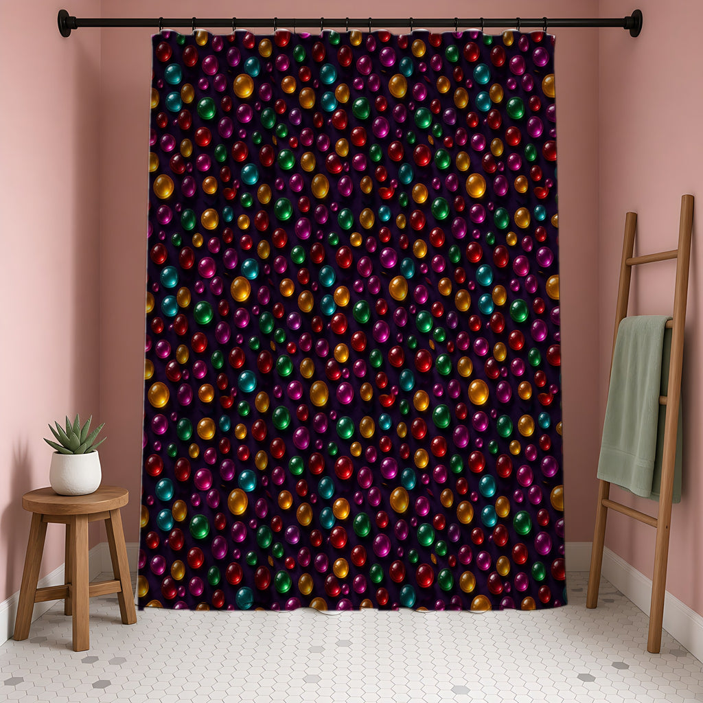 Candy Glass Orbs Shower Curtain in a blush-pink bathroom