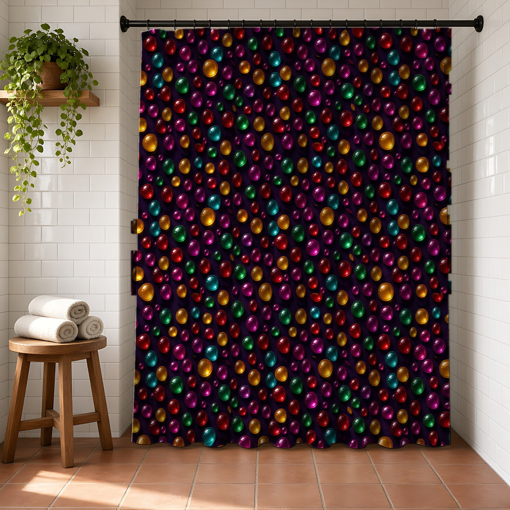 Candy Glass Orbs Shower Curtain in a bright bathroom with white tiles and a terracotta floor