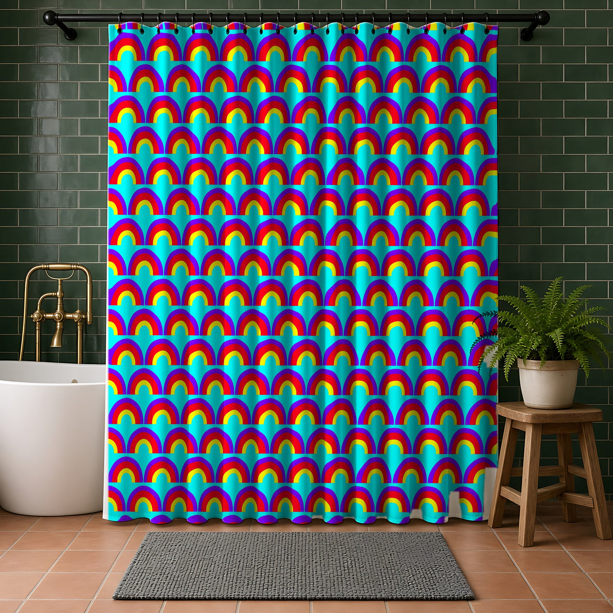 Chromatic Scallop Ripple Shower Curtain in a bathroom with dark green tiles
