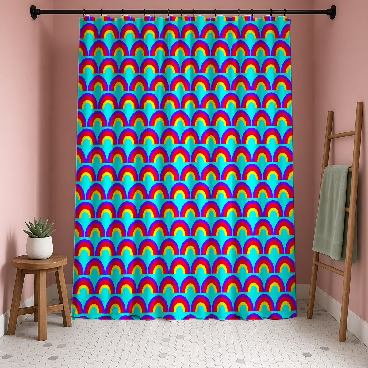 Chromatic Scallop Ripple Shower Curtain in a blush-pink bathroom