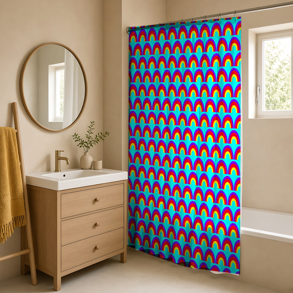Chromatic Scallop Ripple Shower Curtain in a warm neutral bathroom with an oak vanity