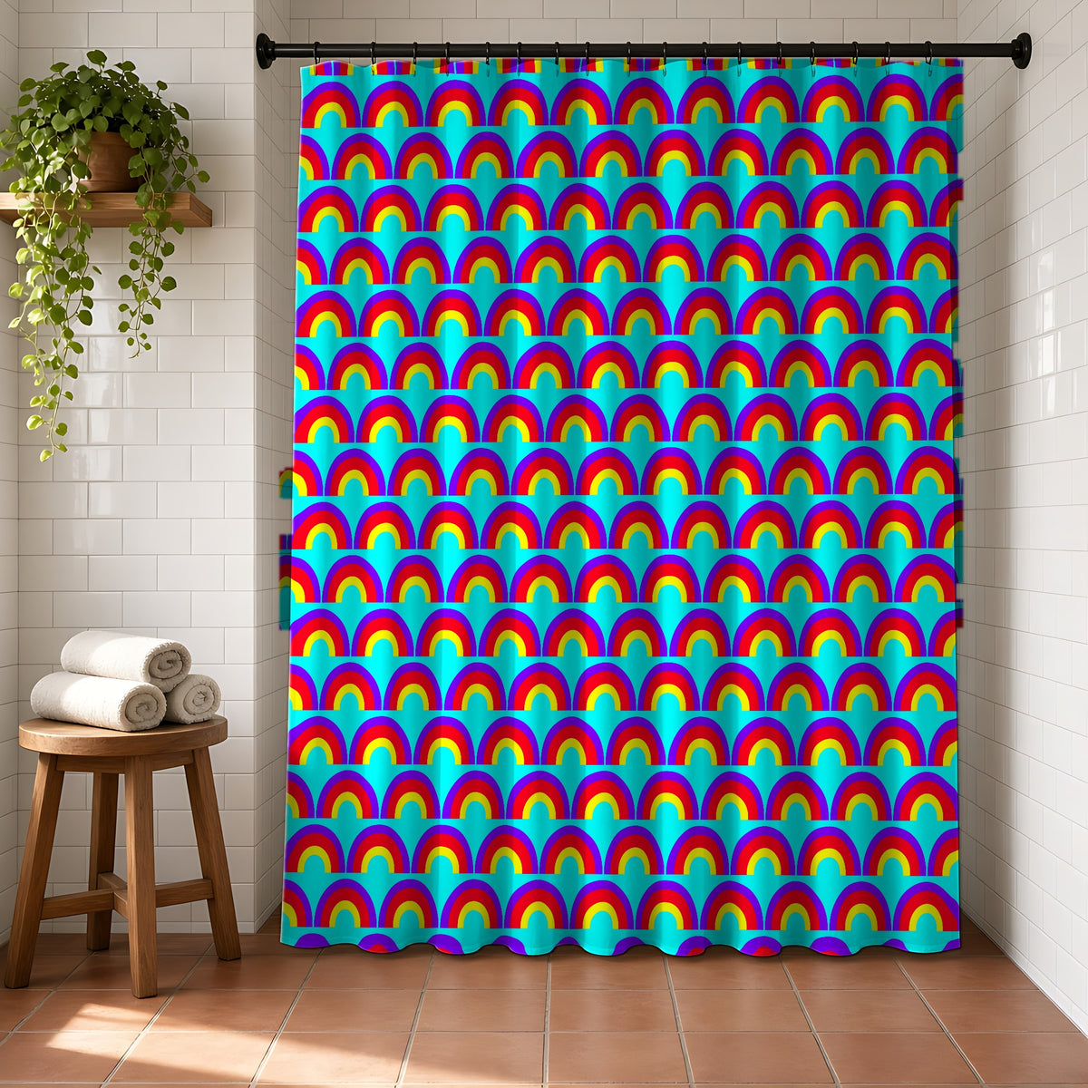 Chromatic Scallop Ripple Shower Curtain in a bright bathroom with white tiles and a terracotta floor