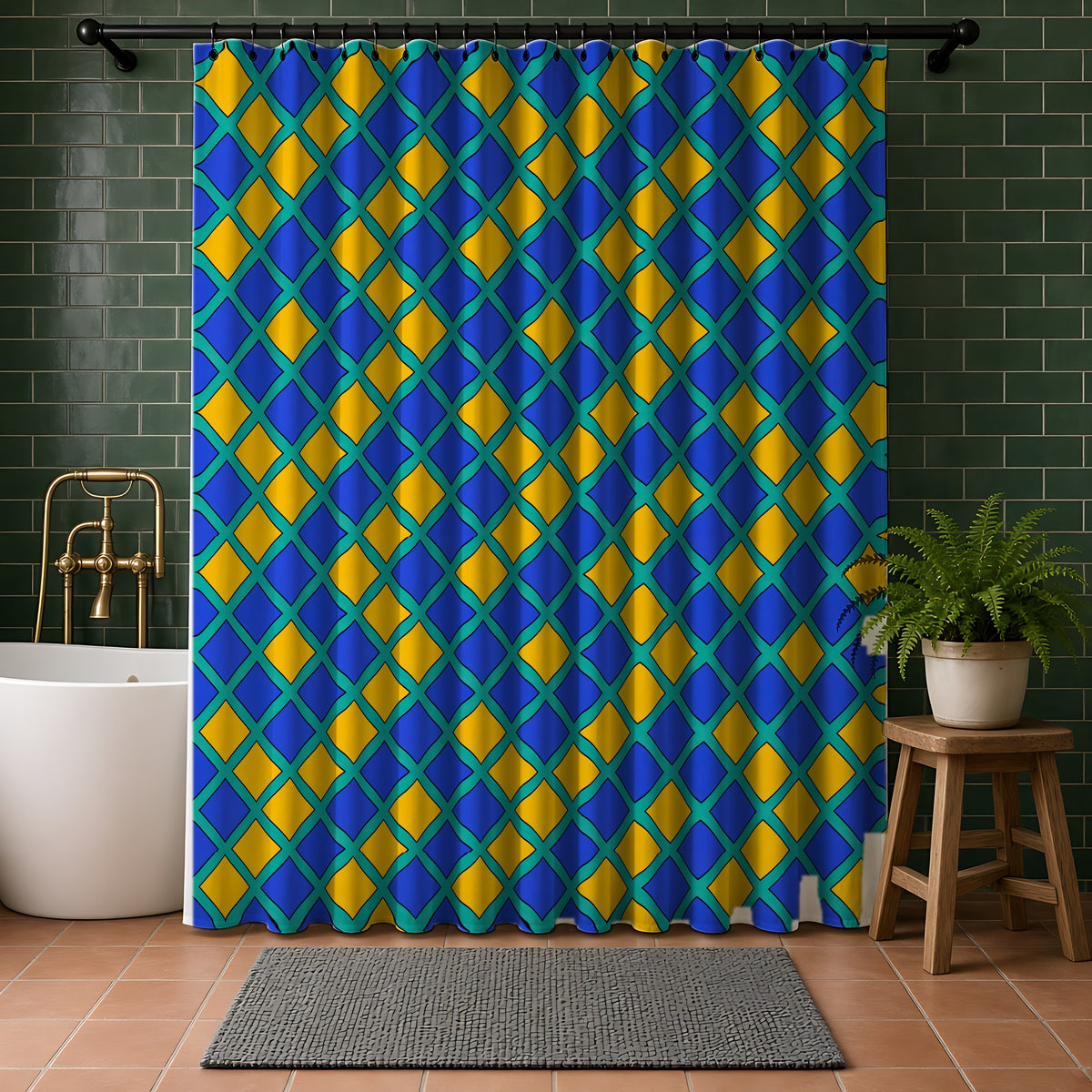 Harlequin Gold Grid Shower Curtain in a bathroom with dark green tiles
