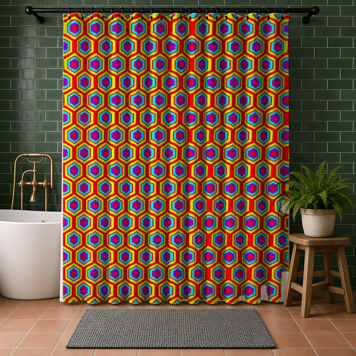 Concentric Hexagon Ripple Shower Curtain in a bathroom with dark green tiles