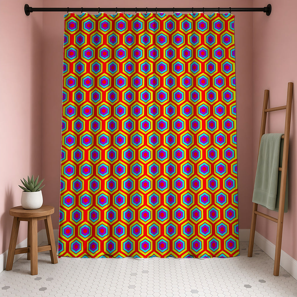 Concentric Hexagon Ripple Shower Curtain in a blush-pink bathroom