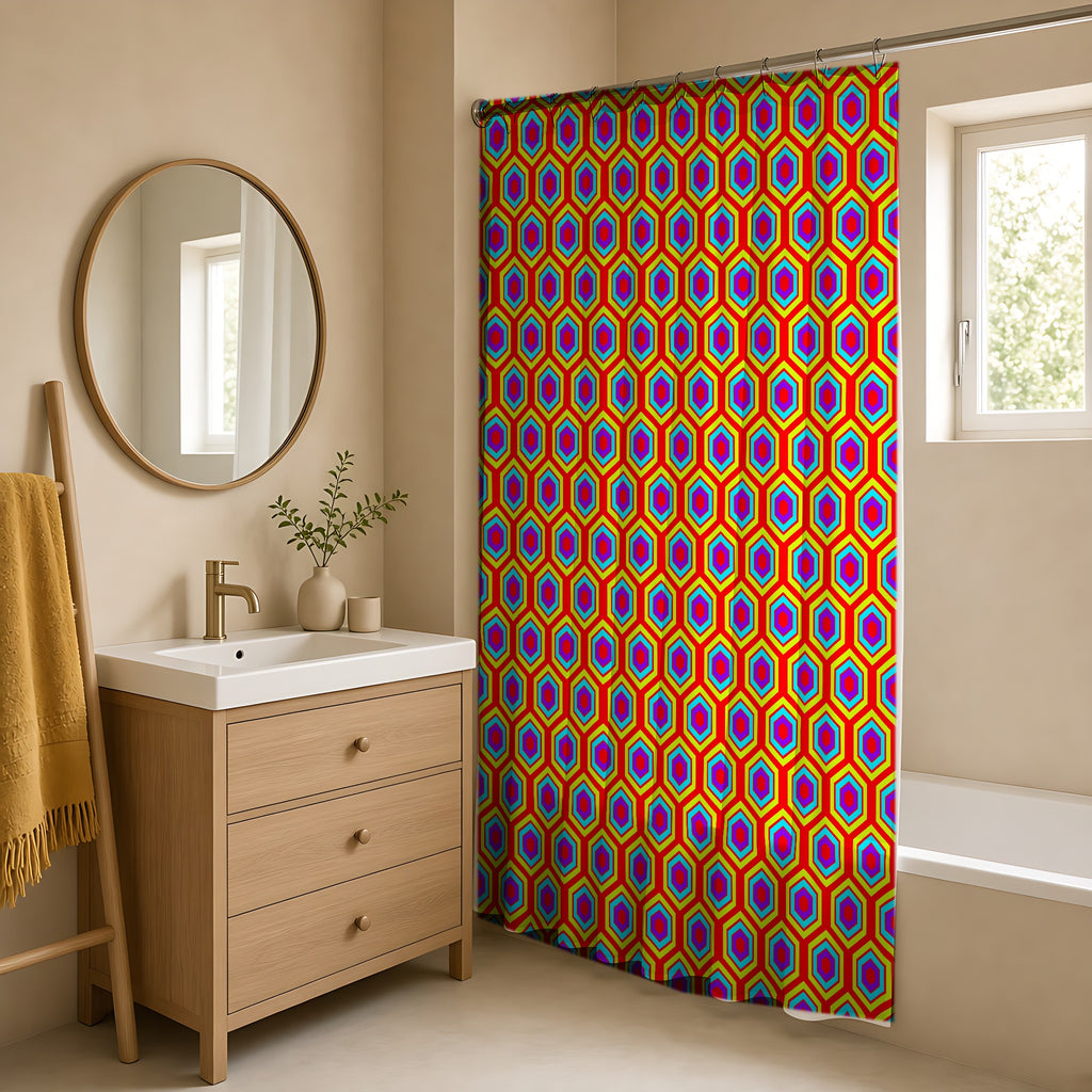 Concentric Hexagon Ripple Shower Curtain in a warm neutral bathroom with an oak vanity