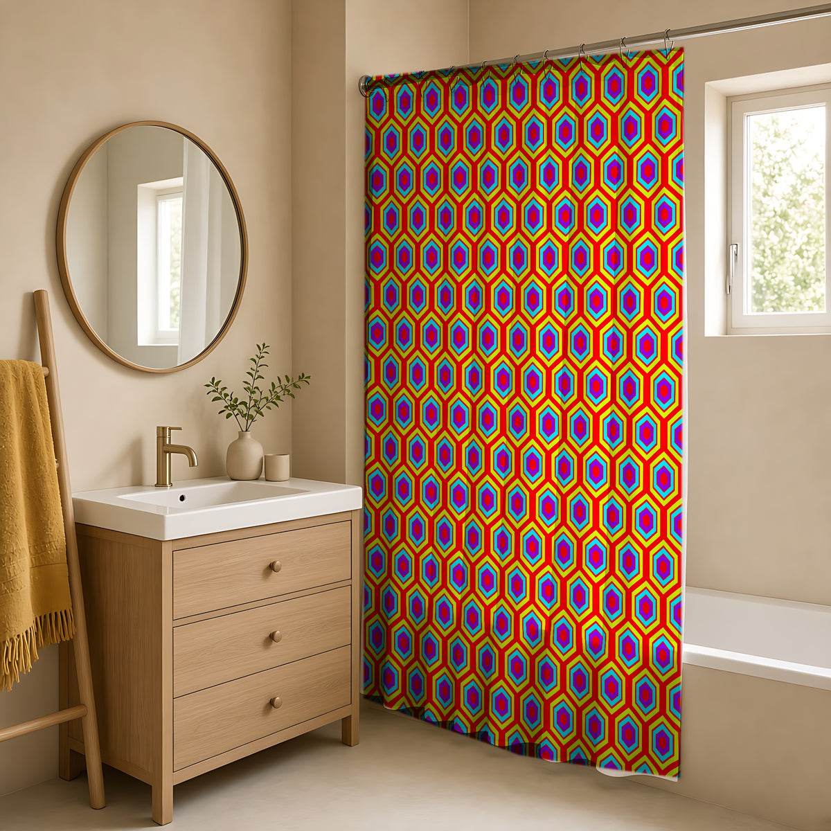 Concentric Hexagon Ripple Shower Curtain in a warm neutral bathroom with an oak vanity