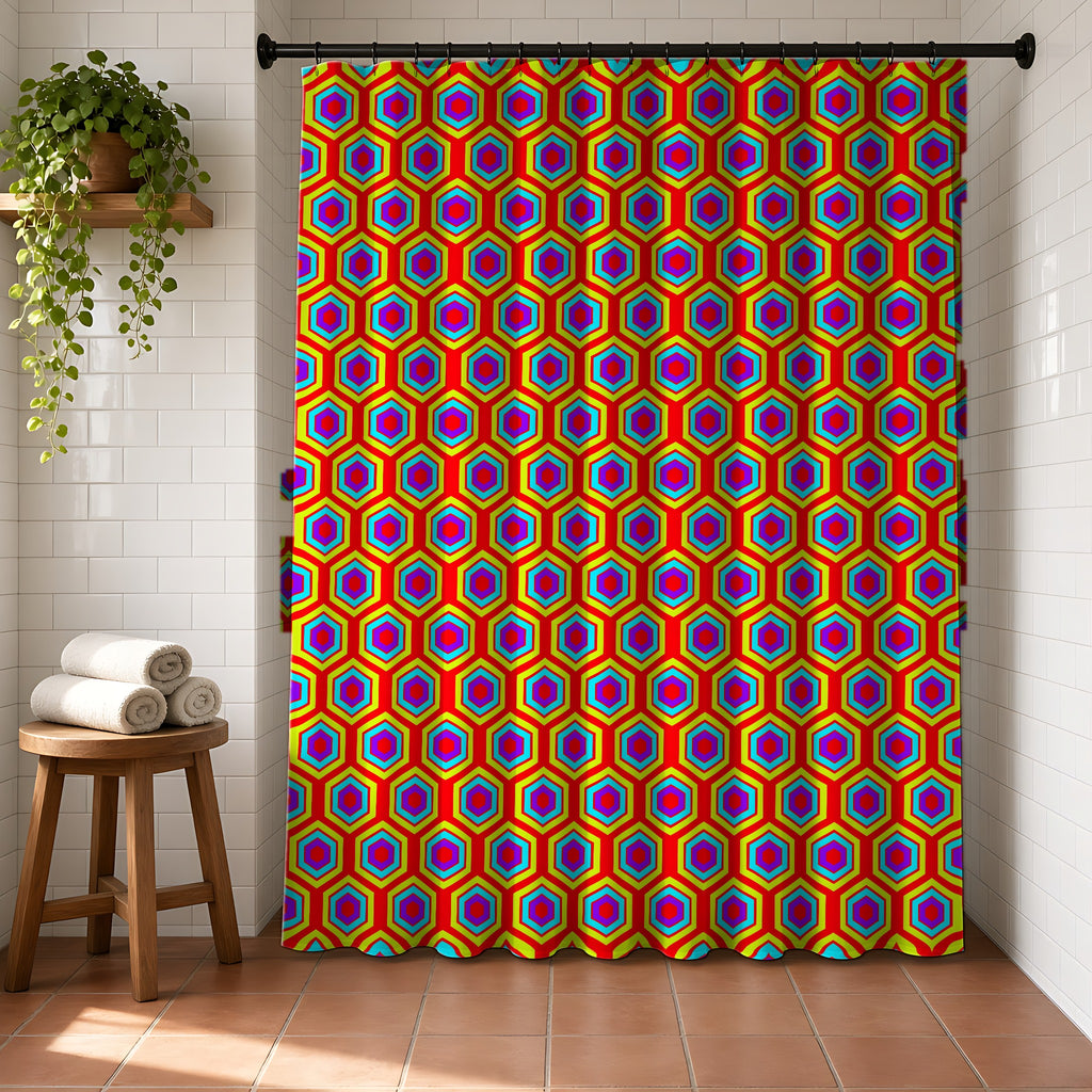 Concentric Hexagon Ripple Shower Curtain in a bright bathroom with white tiles and a terracotta floor