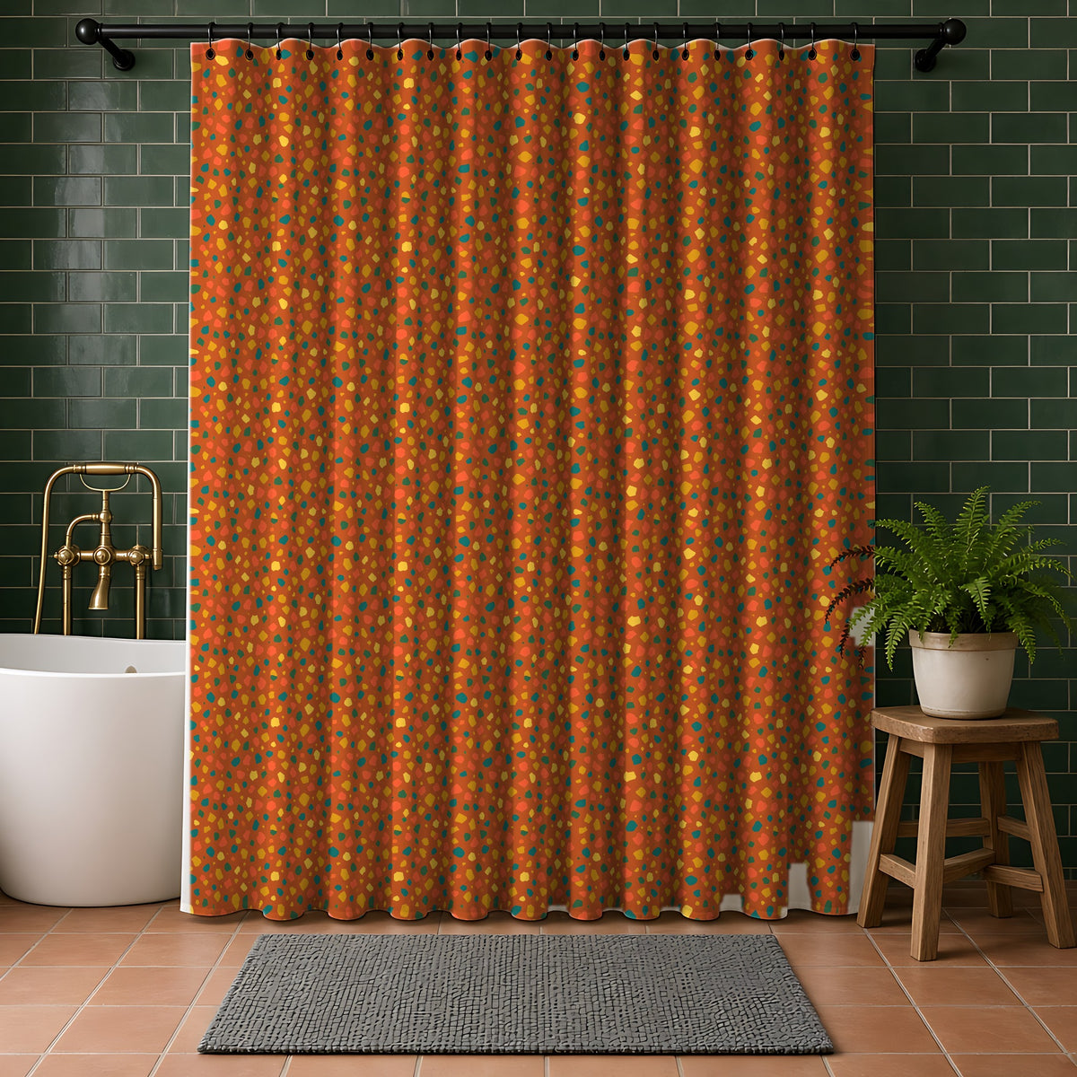 Confetti Aggregate Shower Curtain in a bathroom with dark green tiles
