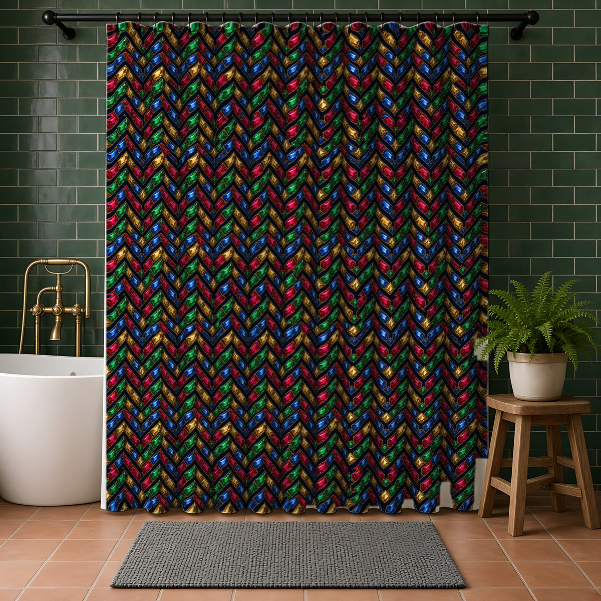 Cut-Gem Chevrons Shower Curtain in a bathroom with dark green tiles