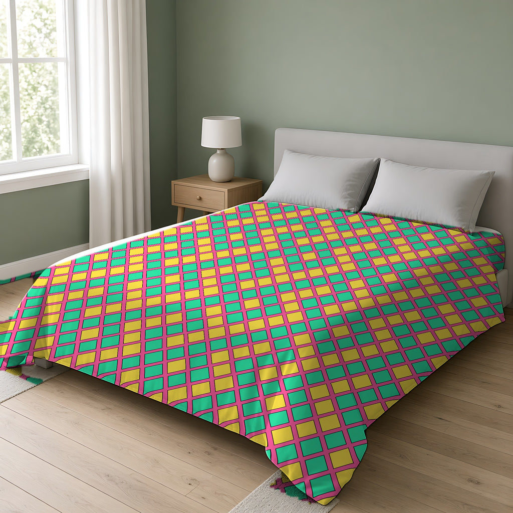 Harlequin Gold Grid Cotton Duvet Cover on a double bed in a bright sage-green bedroom