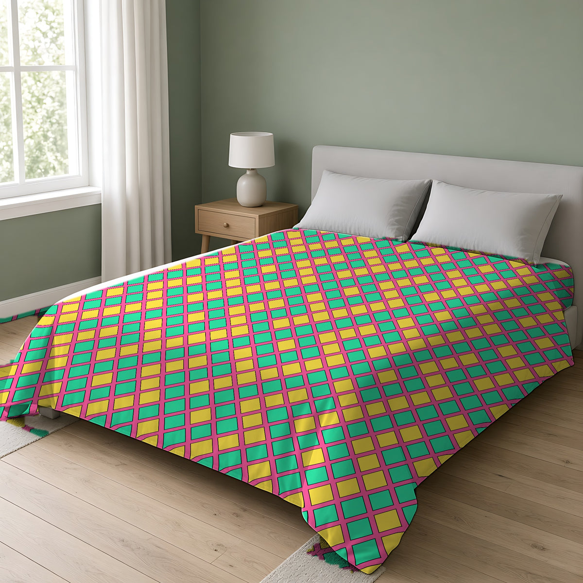 Harlequin Gold Grid Cotton Duvet Cover on a double bed in a bright sage-green bedroom