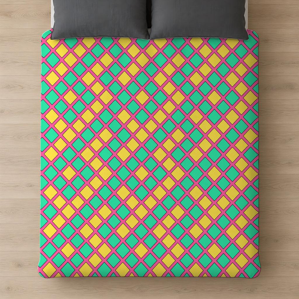 Harlequin Gold Grid Cotton Duvet Cover on a bed, seen from above