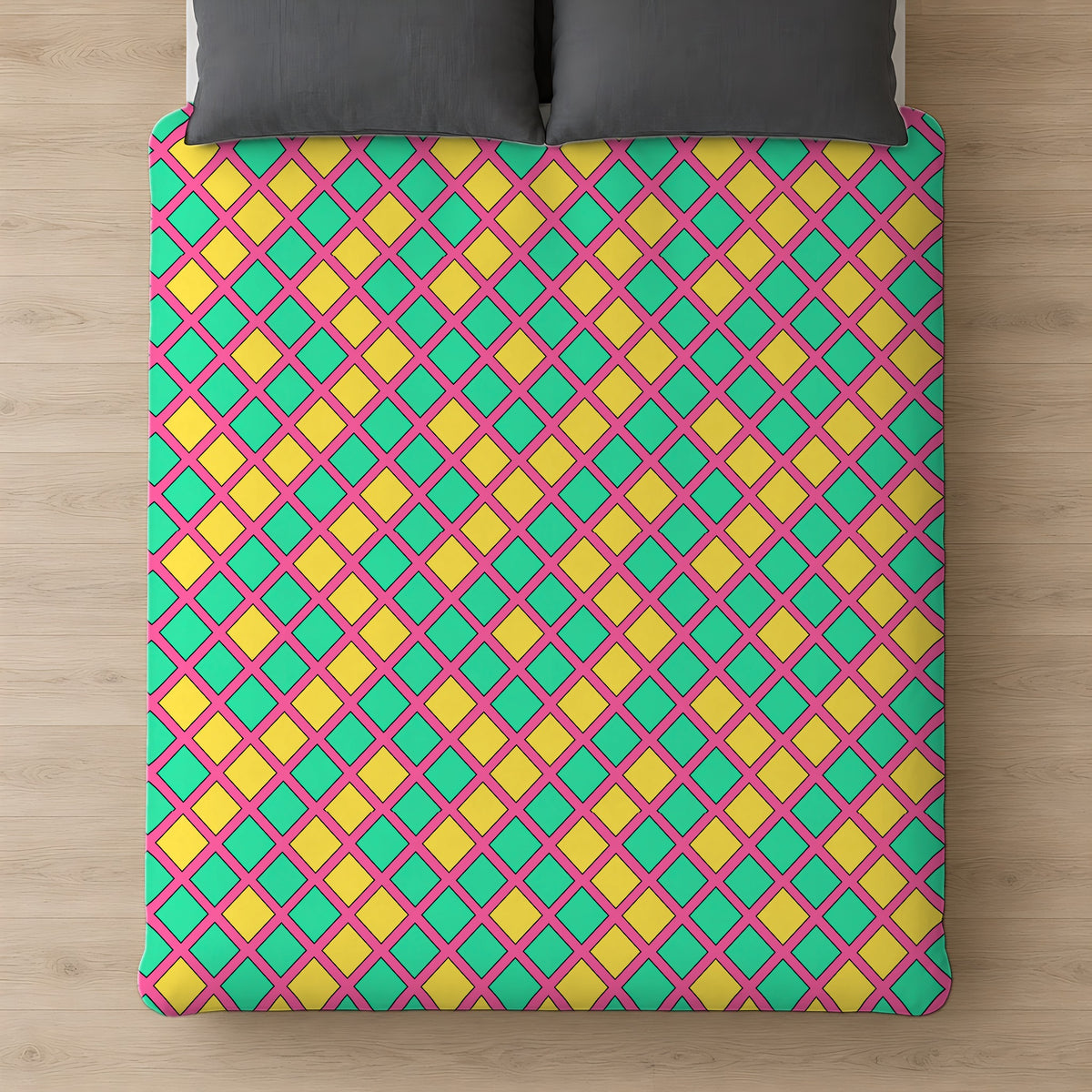 Harlequin Gold Grid Cotton Duvet Cover on a bed, seen from above