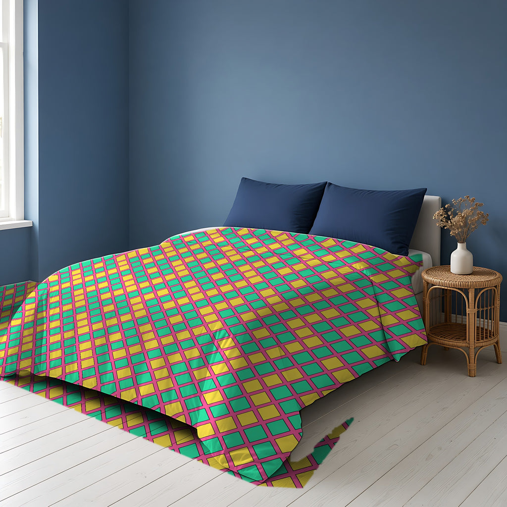 Harlequin Gold Grid Cotton Duvet Cover on a bed in a Scandinavian blue bedroom