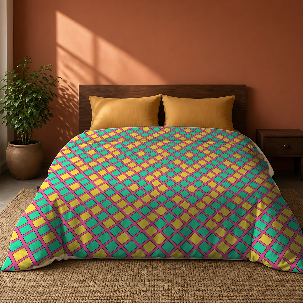 Harlequin Gold Grid Cotton Duvet Cover on a king bed against a warm terracotta wall