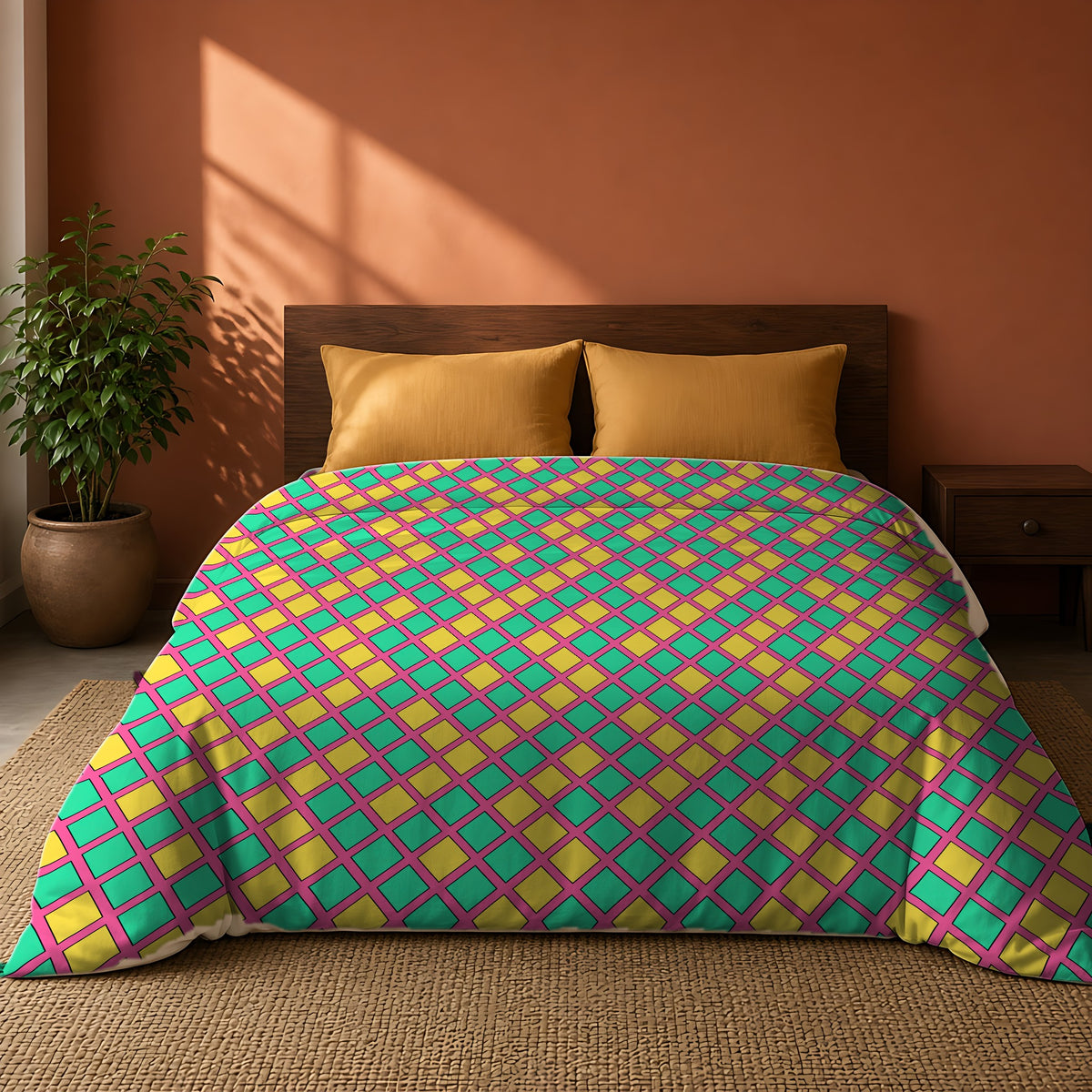 Harlequin Gold Grid Cotton Duvet Cover on a king bed against a warm terracotta wall