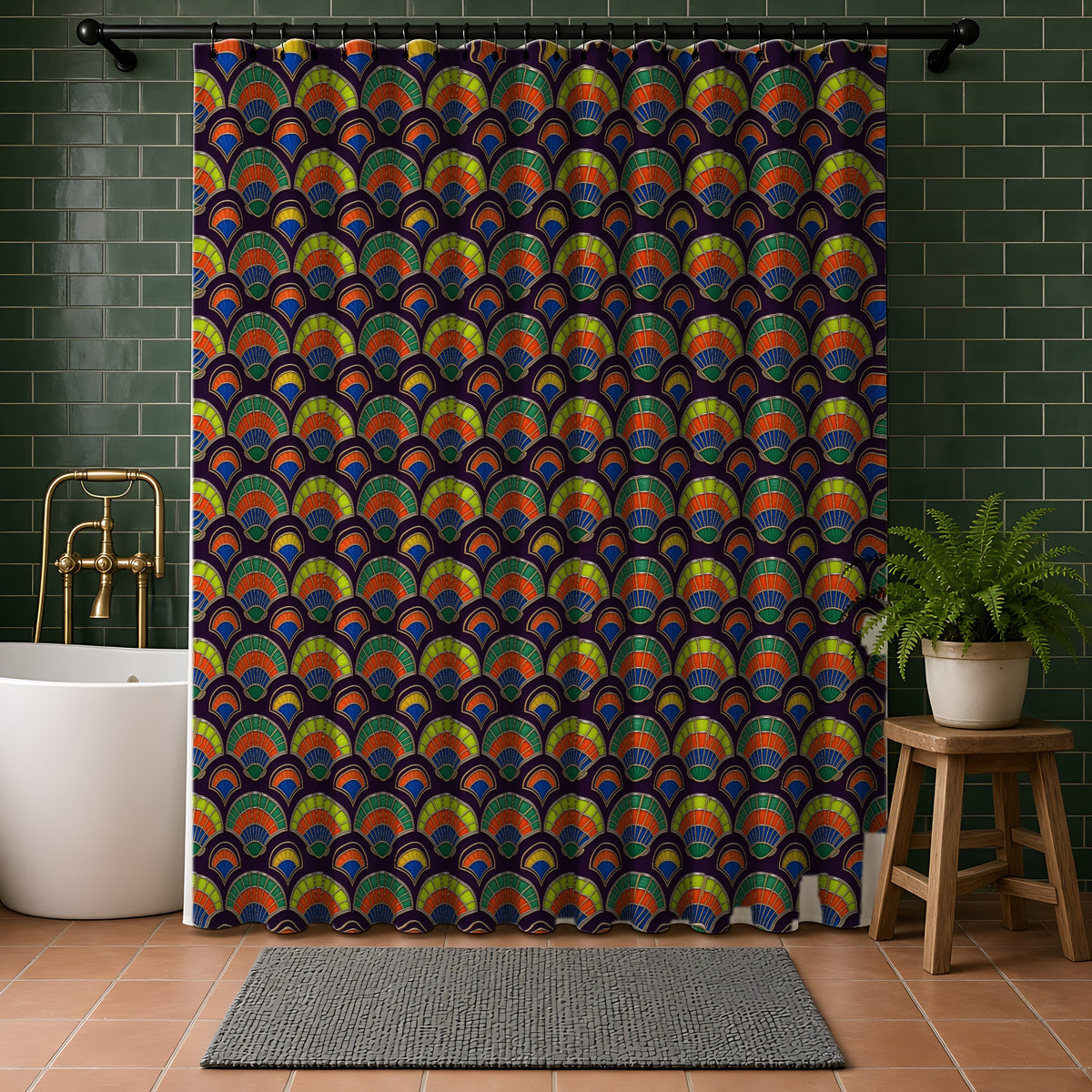 Deco Fan Scales Shower Curtain in a bathroom with dark green tiles