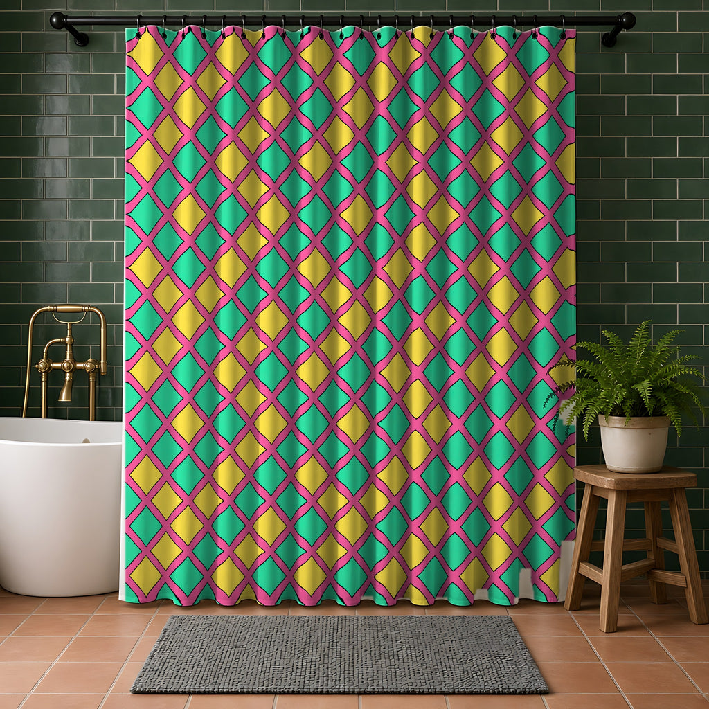 Harlequin Gold Grid Shower Curtain in a bathroom with dark green tiles