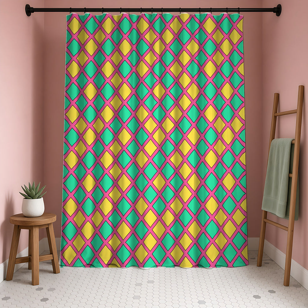 Harlequin Gold Grid Shower Curtain in a blush-pink bathroom