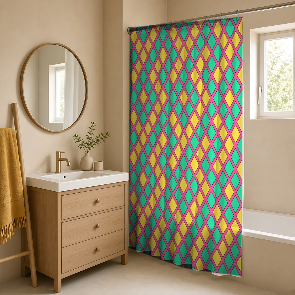Harlequin Gold Grid Shower Curtain in a warm neutral bathroom with an oak vanity