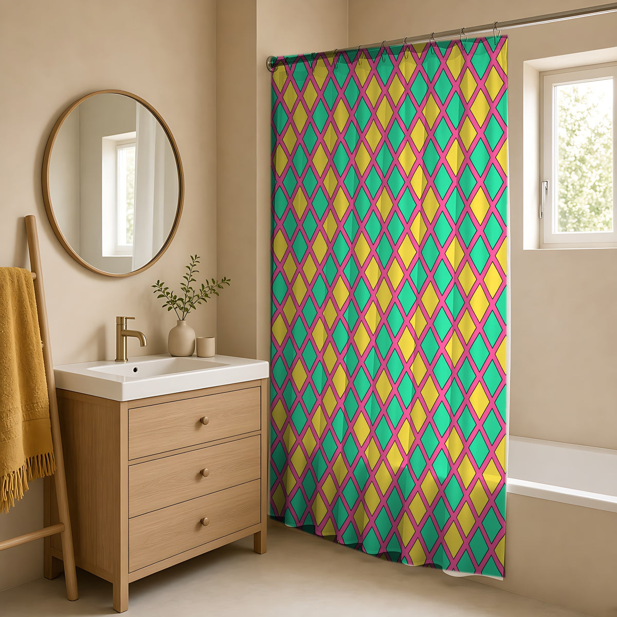 Harlequin Gold Grid Shower Curtain in a warm neutral bathroom with an oak vanity