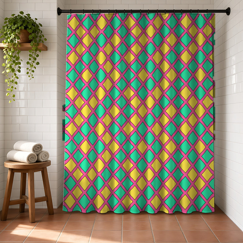 Harlequin Gold Grid Shower Curtain in a bright bathroom with white tiles and a terracotta floor