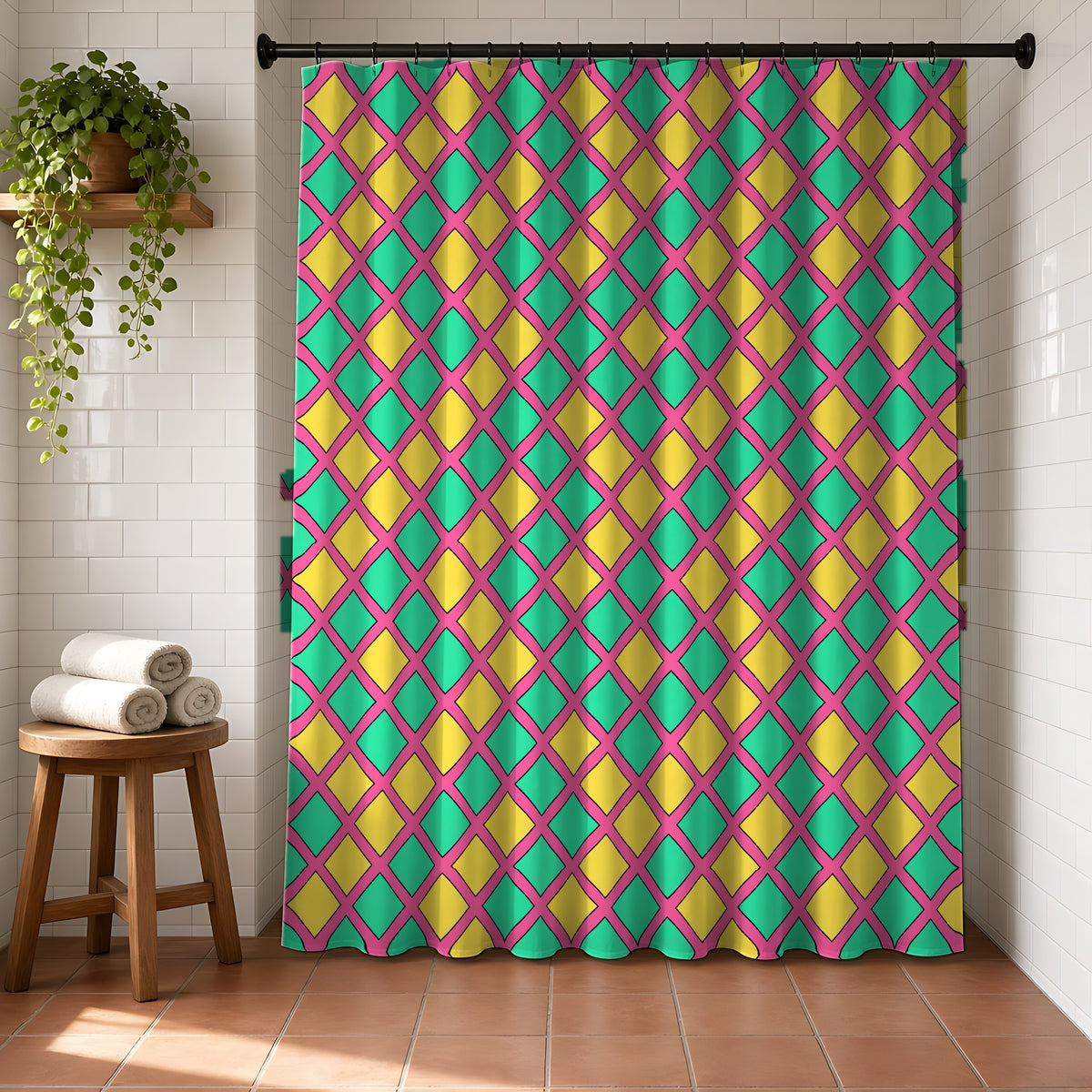 Harlequin Gold Grid Shower Curtain in a bright bathroom with white tiles and a terracotta floor