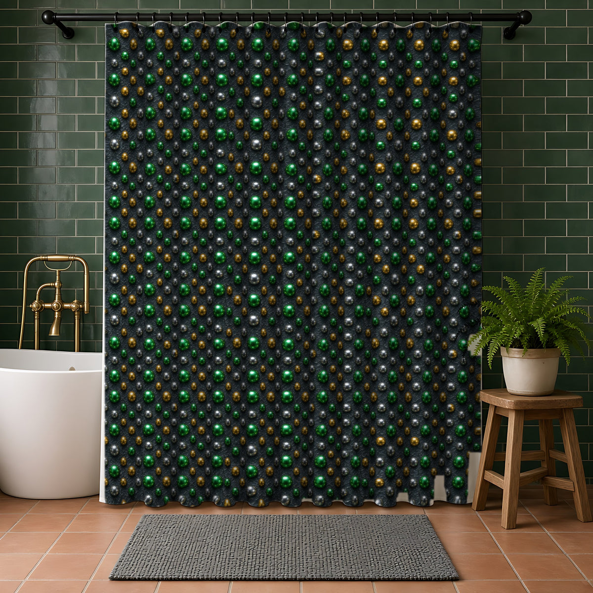 Emerald Silver Beads Shower Curtain in a bathroom with dark green tiles