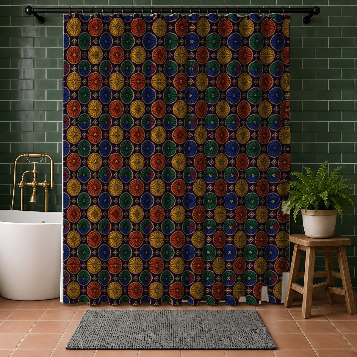 Enamel Parasol Medallions Shower Curtain in a bathroom with dark green tiles