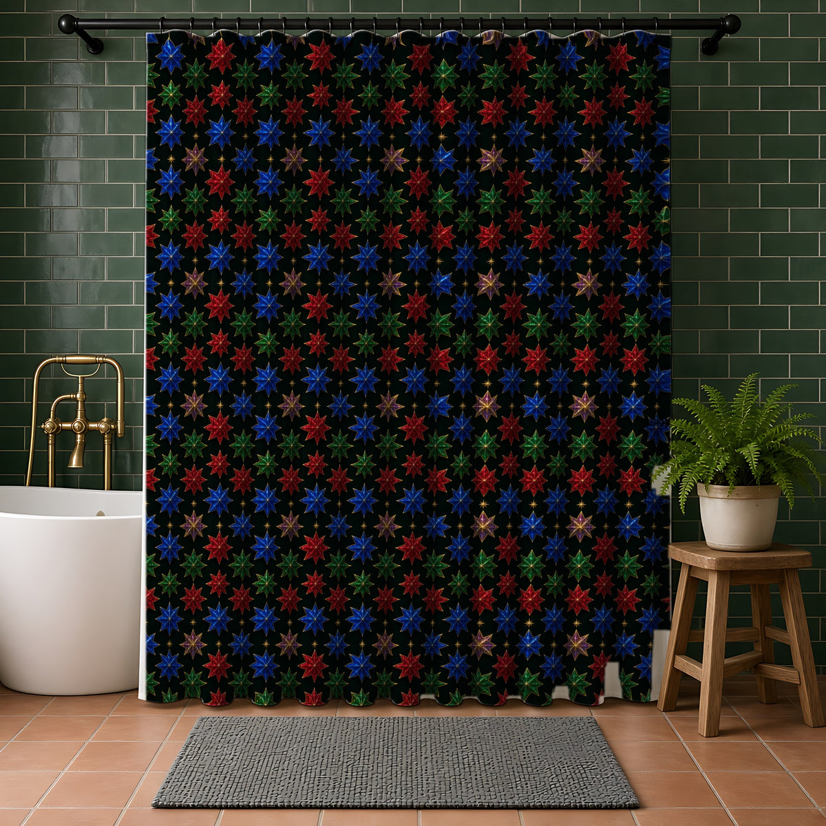 Faceted Crystal Stars Shower Curtain in a bathroom with dark green tiles