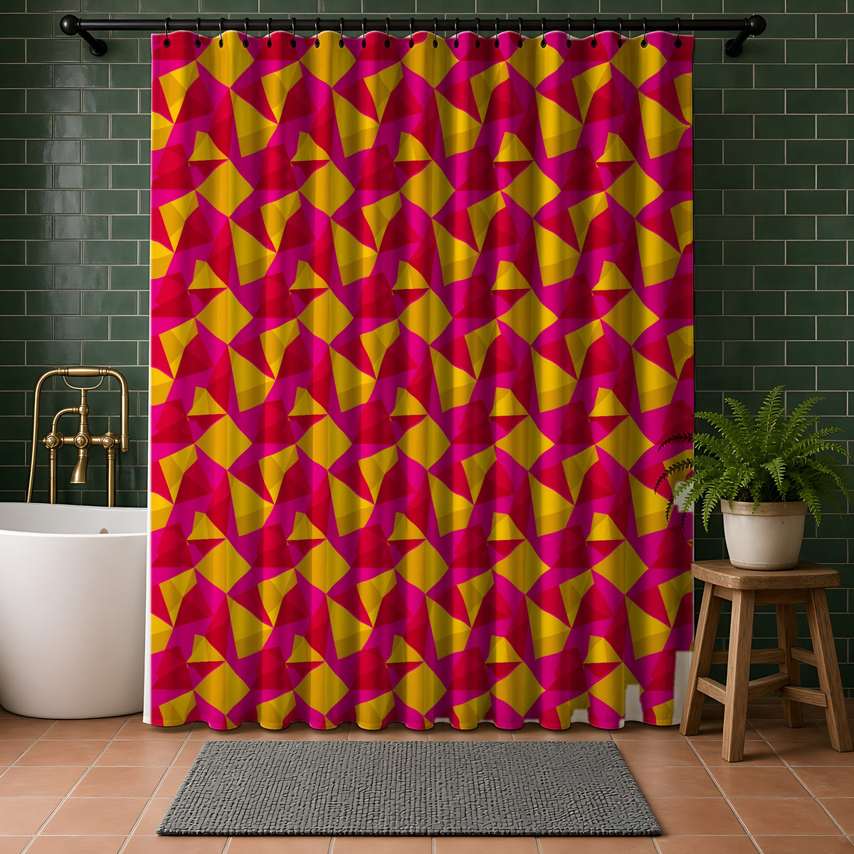 Faceted Gold Panels Shower Curtain in a bathroom with dark green tiles