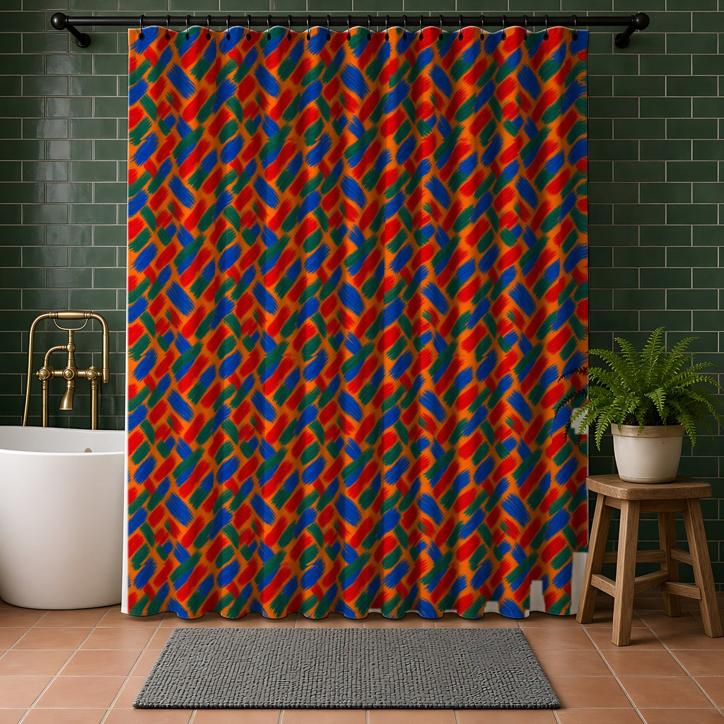 Flat Brush Bands Shower Curtain in a bathroom with dark green tiles