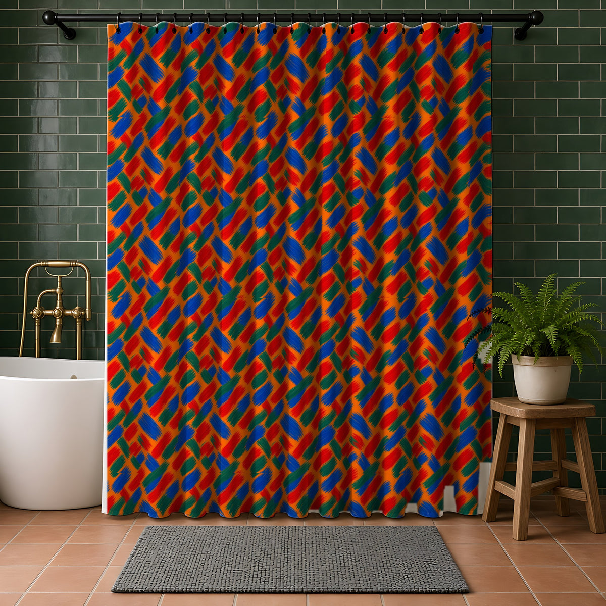 Flat Brush Bands Shower Curtain in a bathroom with dark green tiles