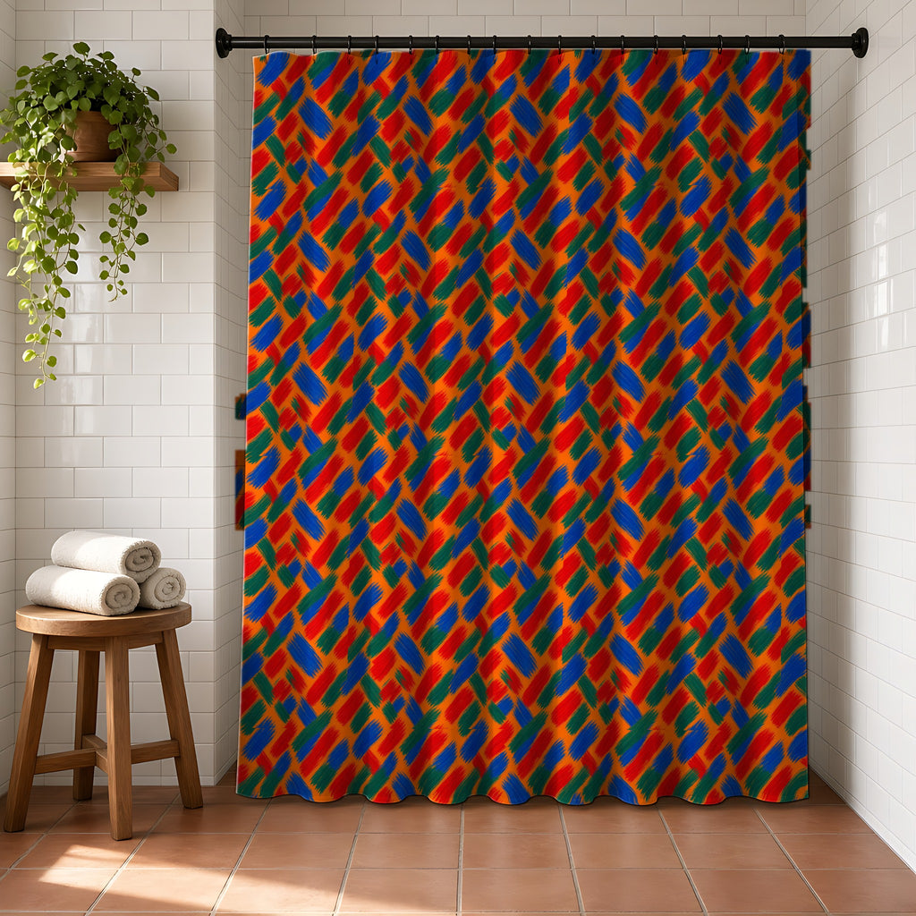 Flat Brush Bands Shower Curtain in a bright bathroom with white tiles and a terracotta floor