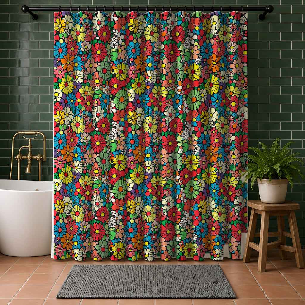 Flower Power Daisies Shower Curtain in a bathroom with dark green tiles