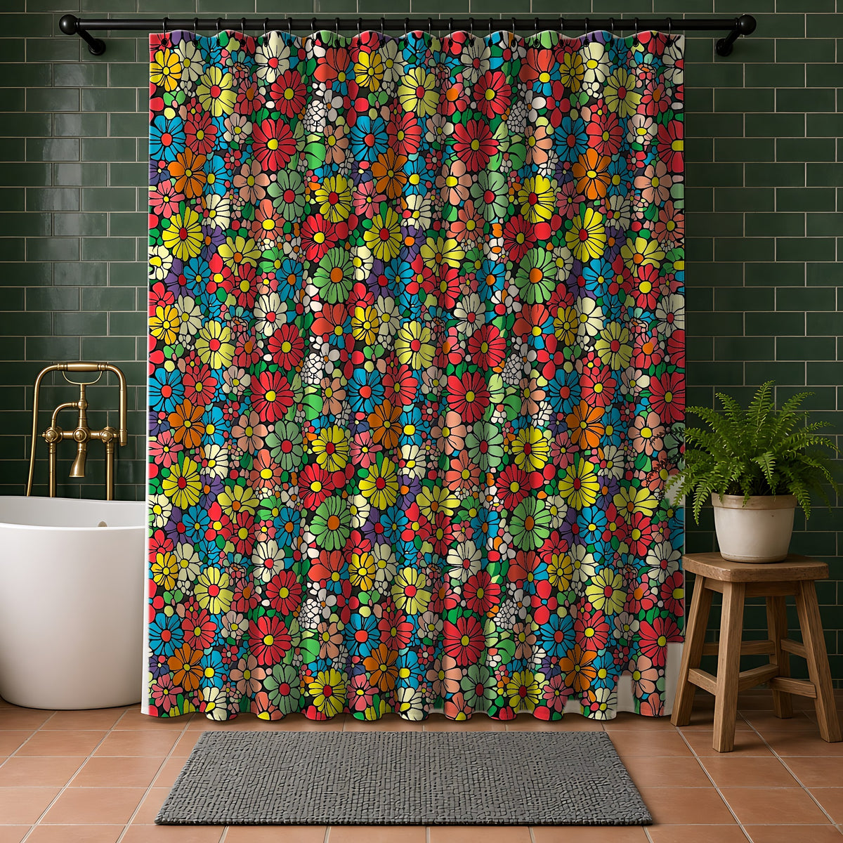 Flower Power Daisies Shower Curtain in a bathroom with dark green tiles