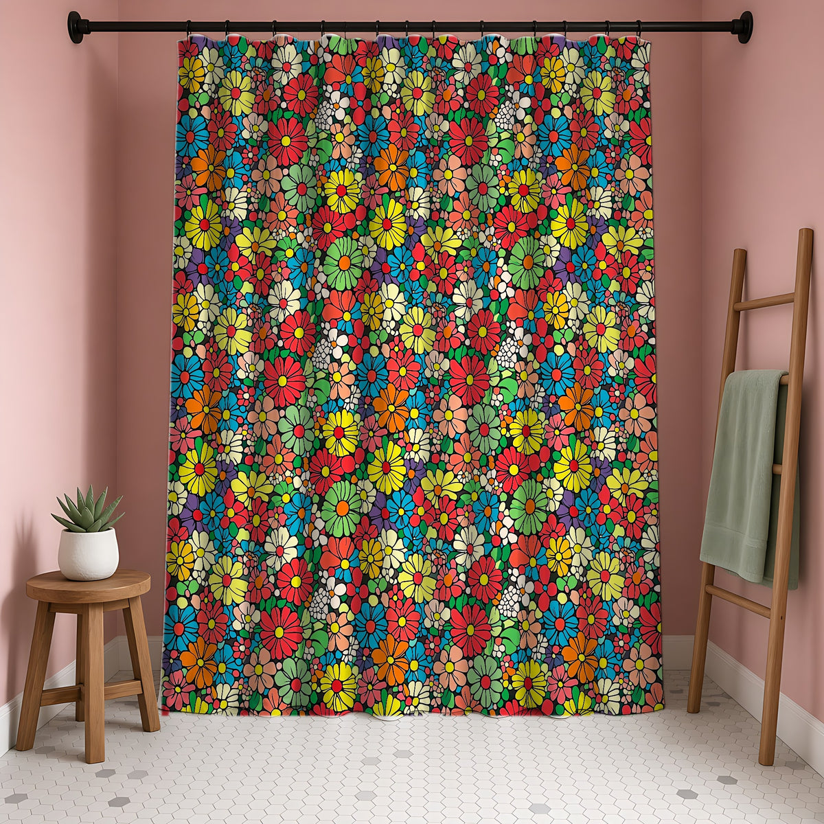 Flower Power Daisies Shower Curtain in a blush-pink bathroom