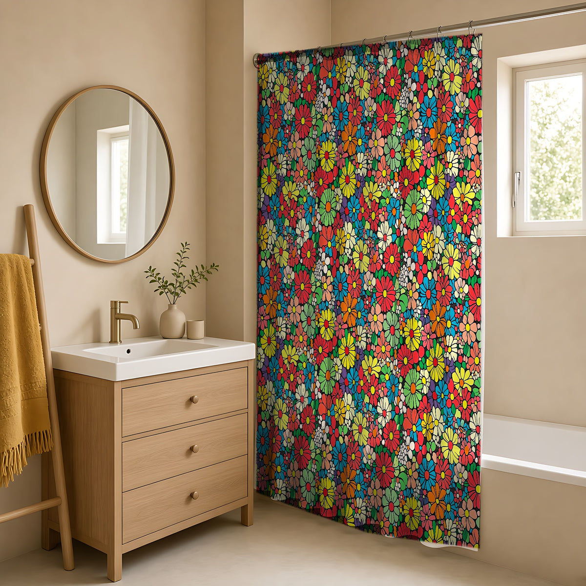 Flower Power Daisies Shower Curtain in a warm neutral bathroom with an oak vanity