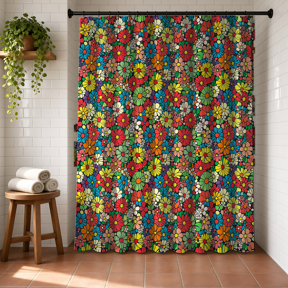 Flower Power Daisies Shower Curtain in a bright bathroom with white tiles and a terracotta floor
