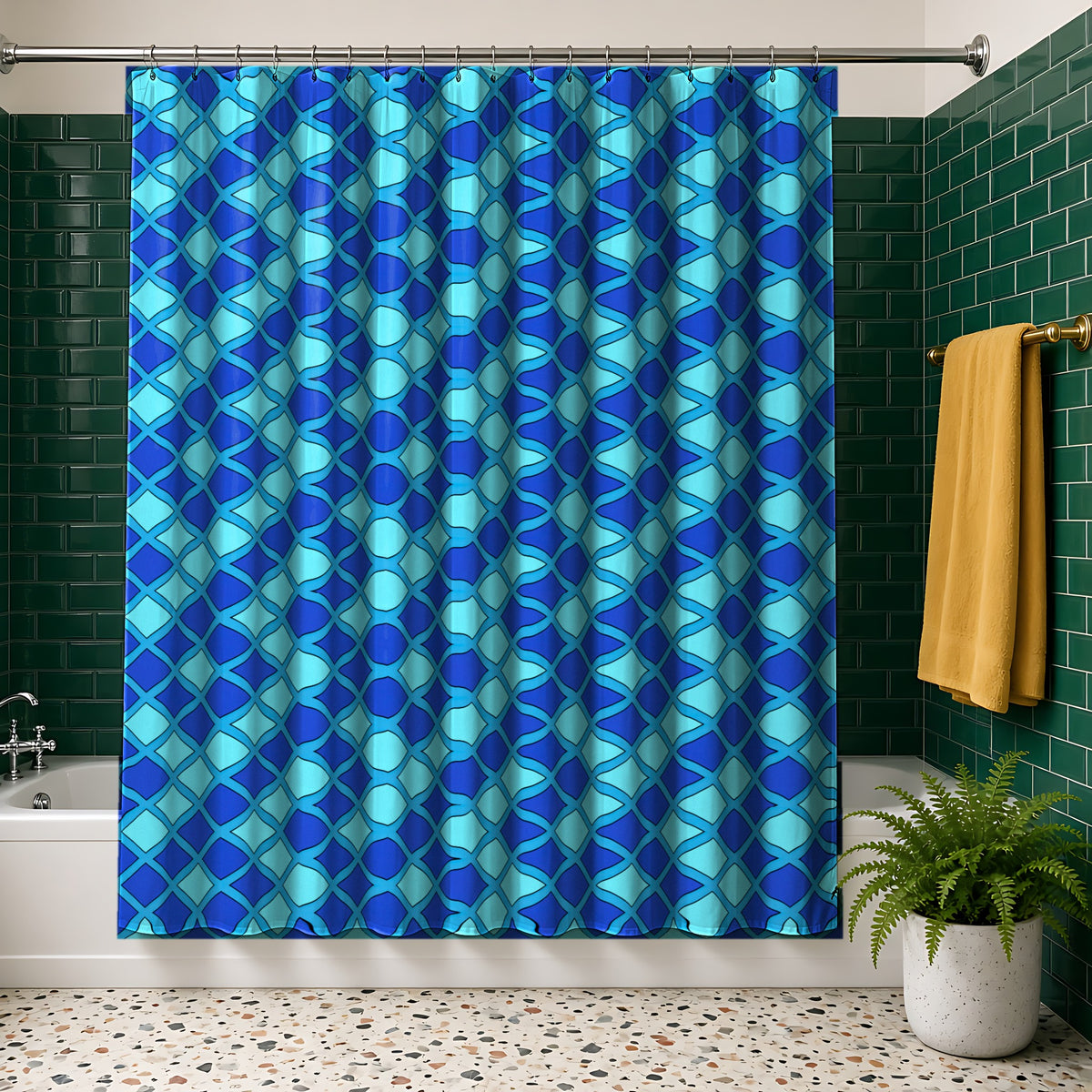 Harlequin Grid Shower Curtain in the Ice Jewel palette, hanging in a bathroom with emerald tiles