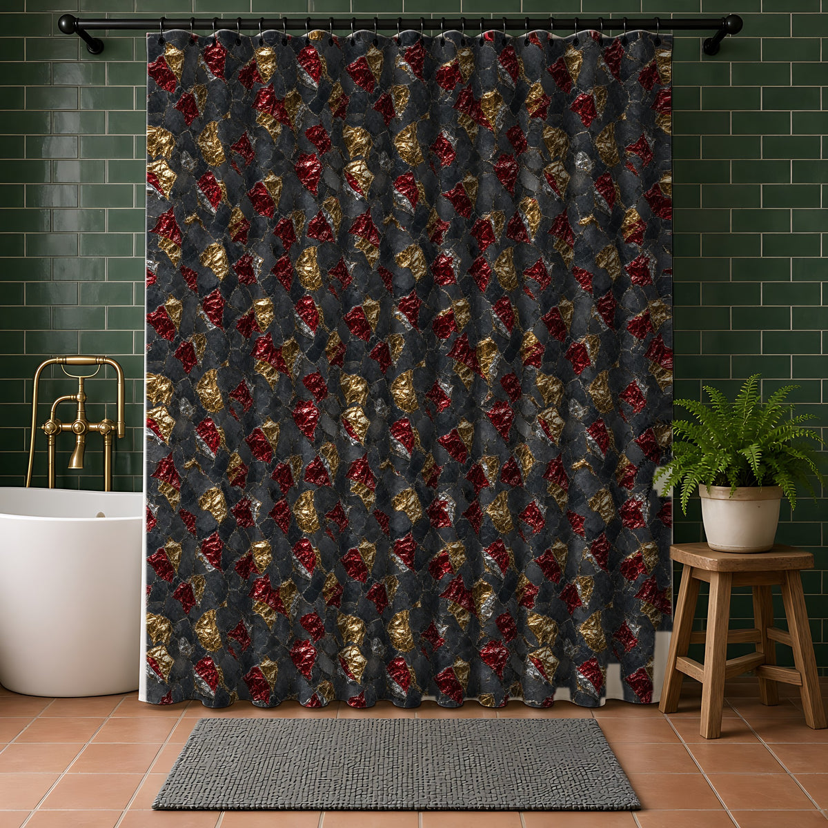 Garnet Gold Foil Shower Curtain in a bathroom with dark green tiles
