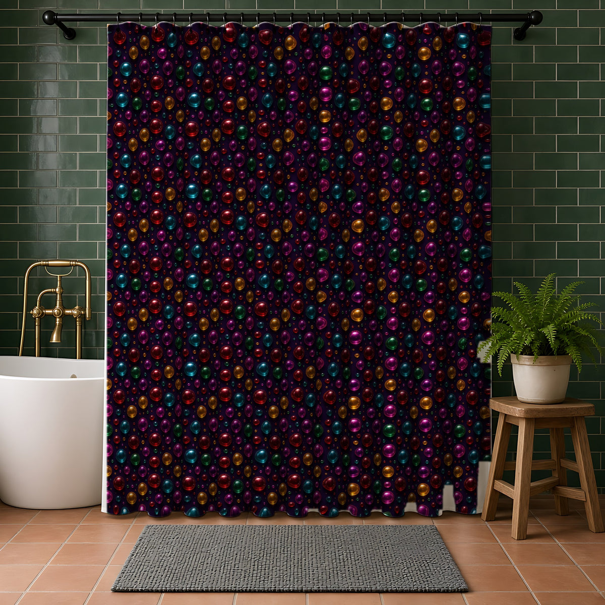 Gel Orb Confetti Shower Curtain in a bathroom with dark green tiles