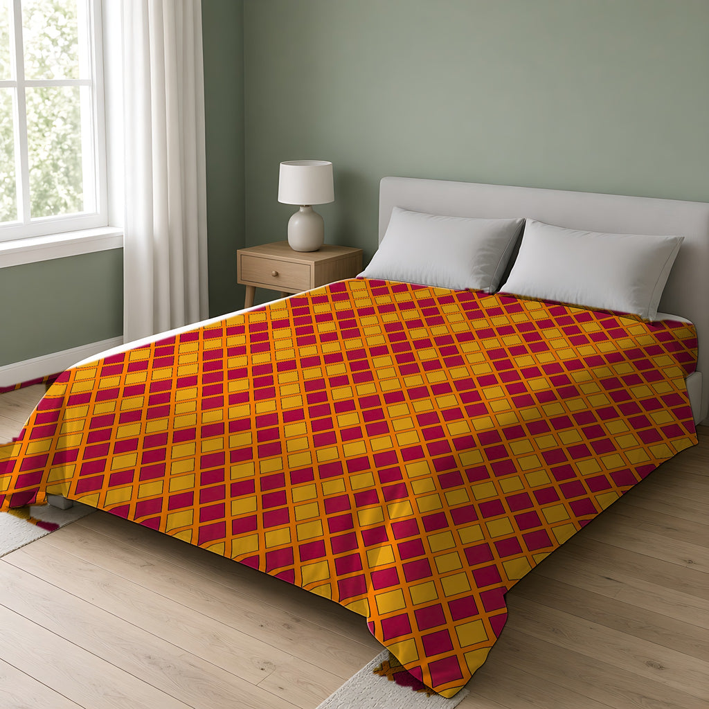 Harlequin Gold Grid Cotton Duvet Cover on a double bed in a bright sage-green bedroom