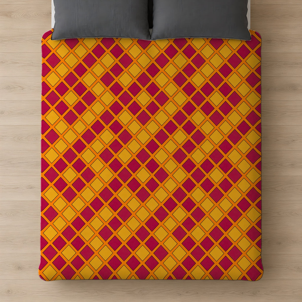 Harlequin Gold Grid Cotton Duvet Cover on a bed, seen from above