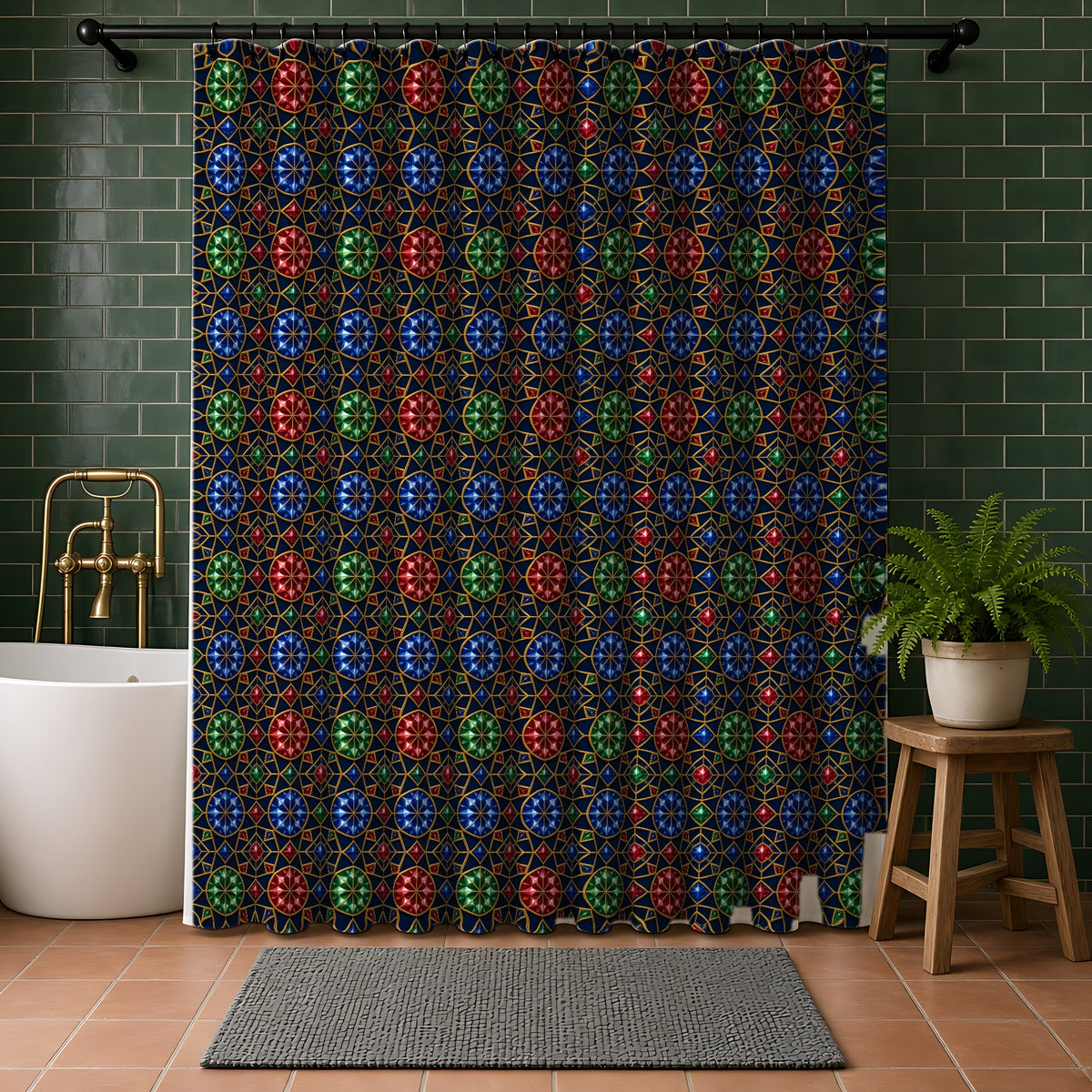 Gem Facet Medallions Shower Curtain in a bathroom with dark green tiles