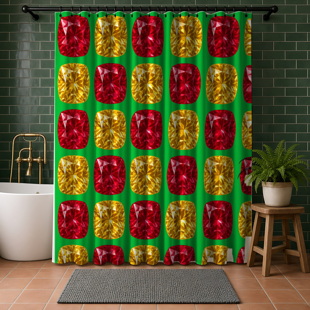 Giant Cut Gem Grid Shower Curtain in a bathroom with dark green tiles